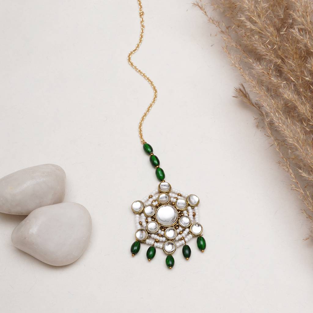 Pearl And Kundan Green Stone Maangtikka : ACM014
