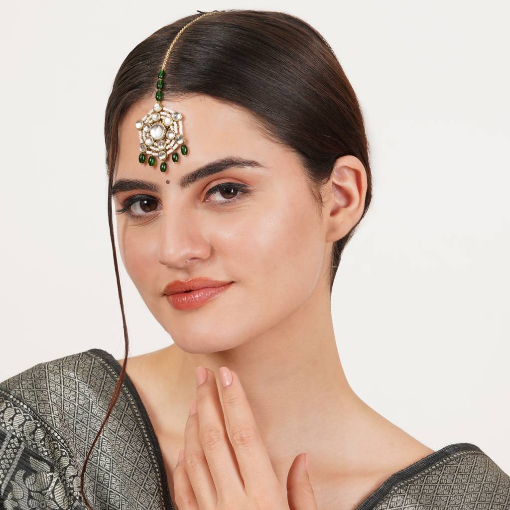 Pearl And Kundan Green Stone Maangtikka : ACM014