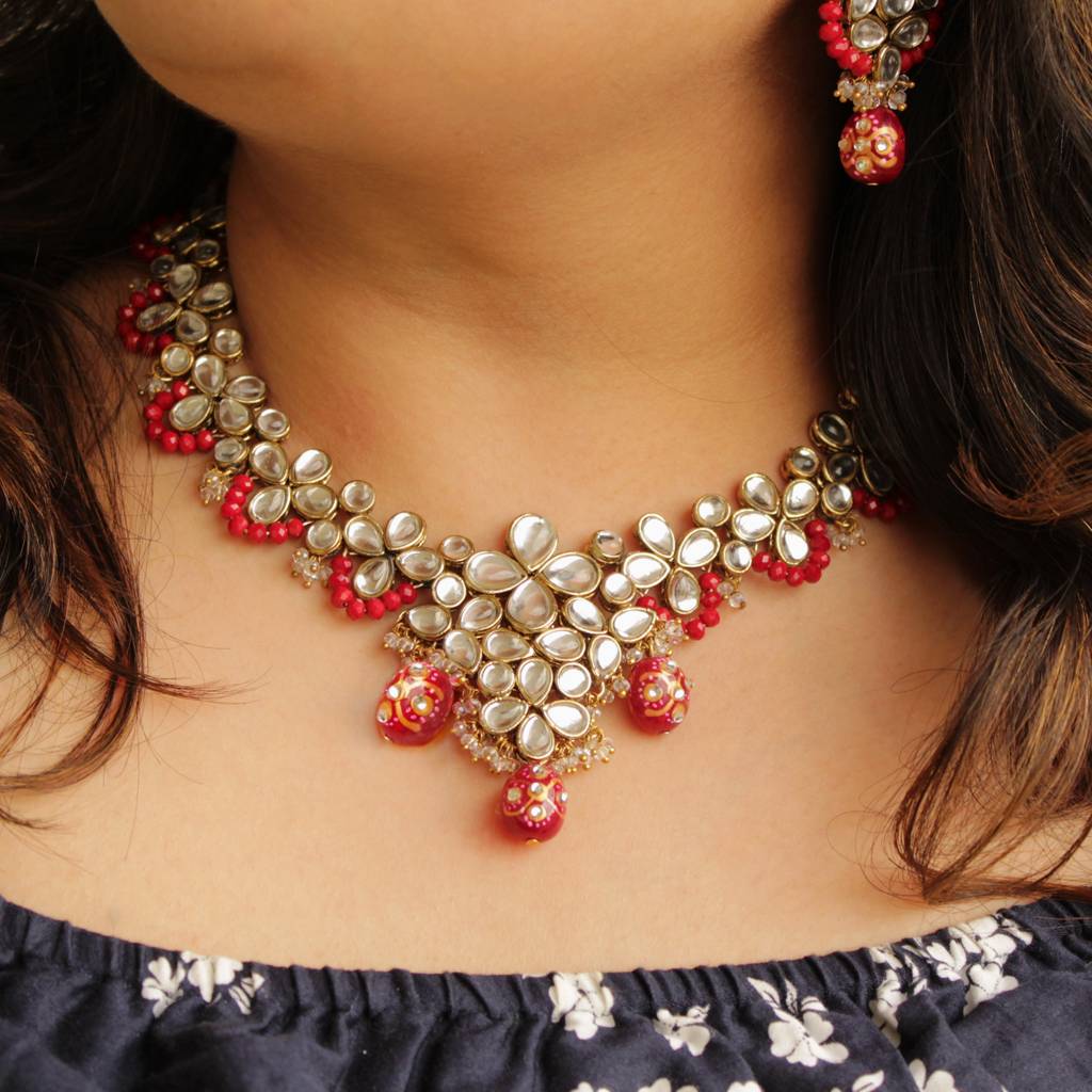 Red Crescent Kundan Necklace Set : ACN048