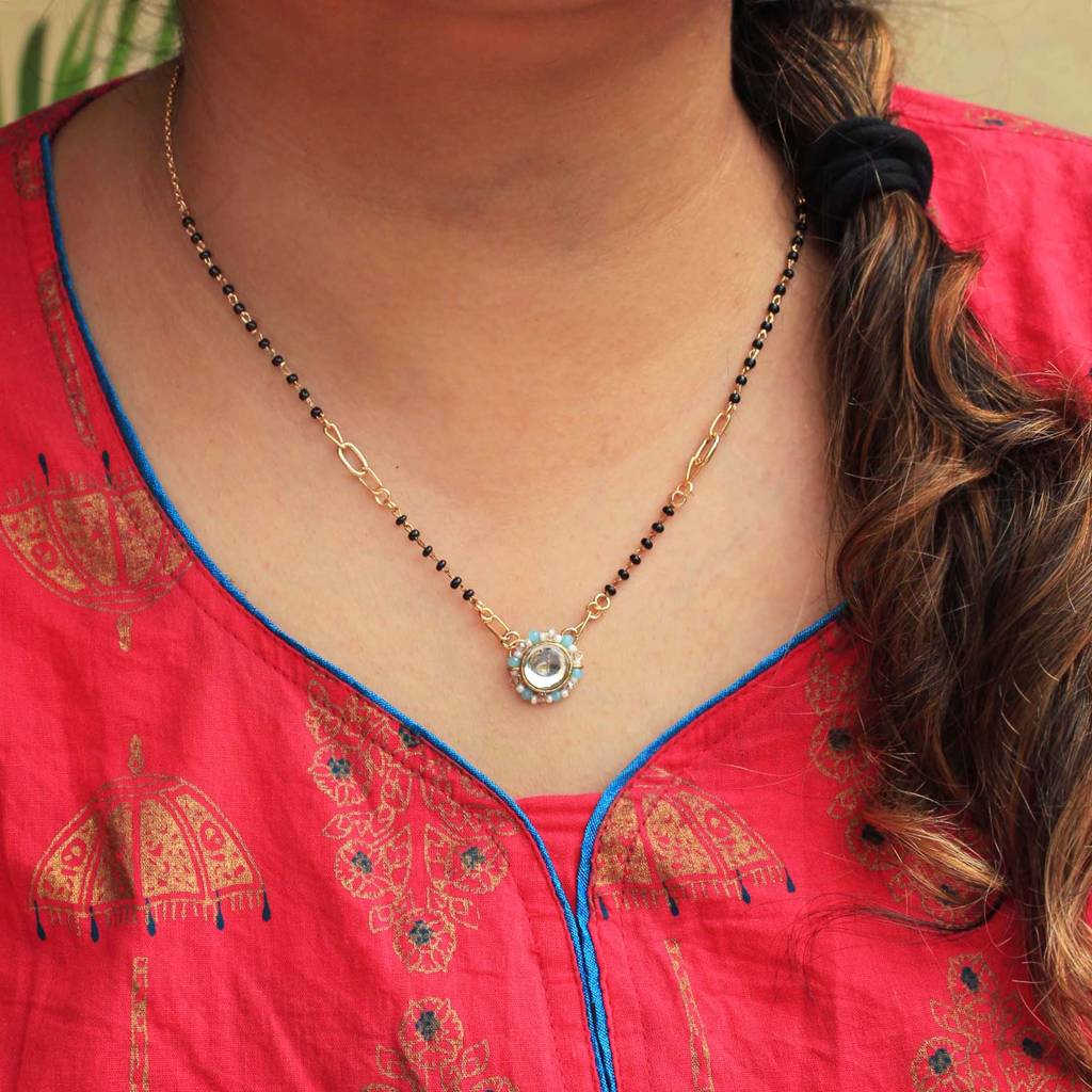 Kundan Drop Blue Beads Mangalsutra Necklace : ACN058