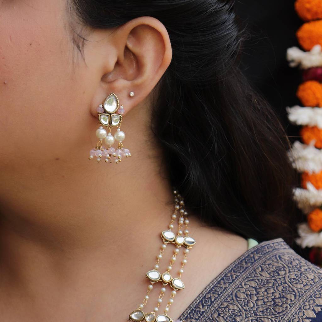 Pastel Pink Beads Kundan Necklace Set : ACN060