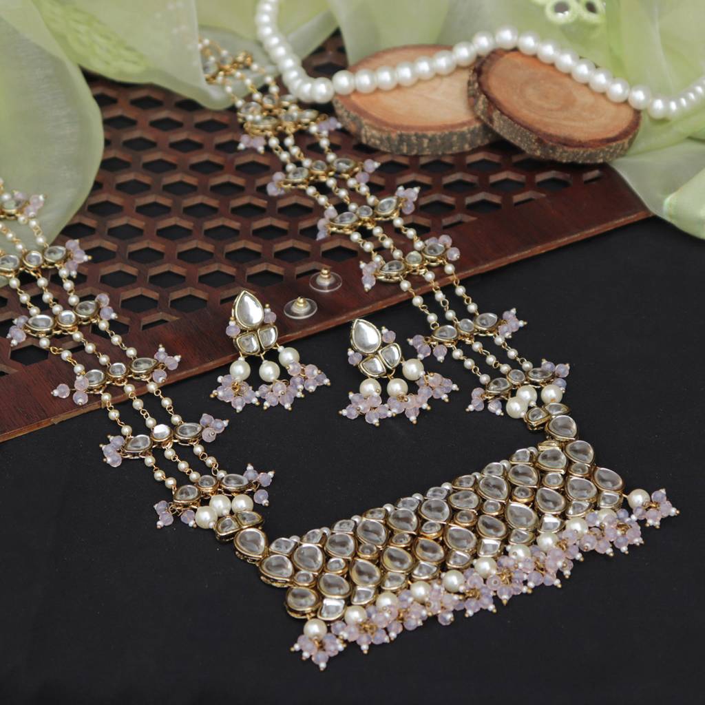 Pastel Pink Beads Kundan Necklace Set : ACN060