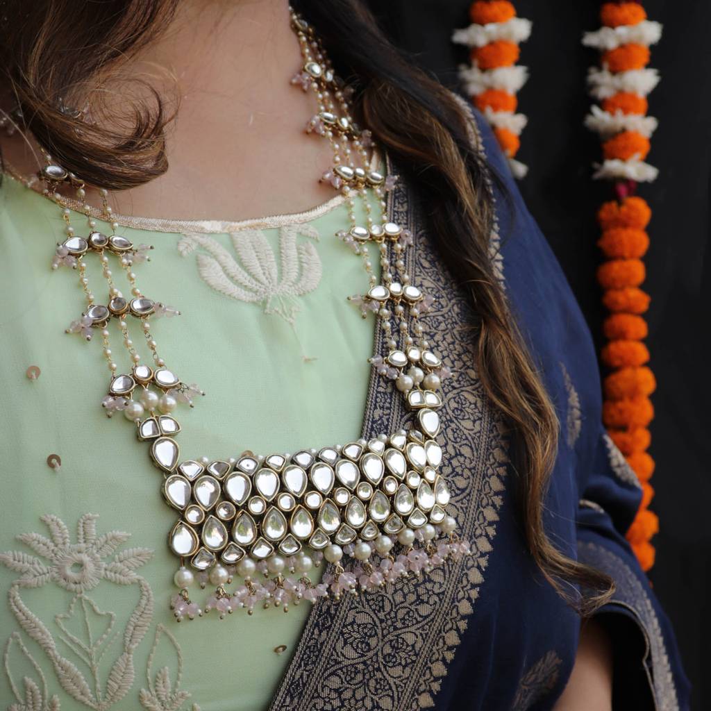 Pastel Pink Beads Kundan Necklace Set : ACN060