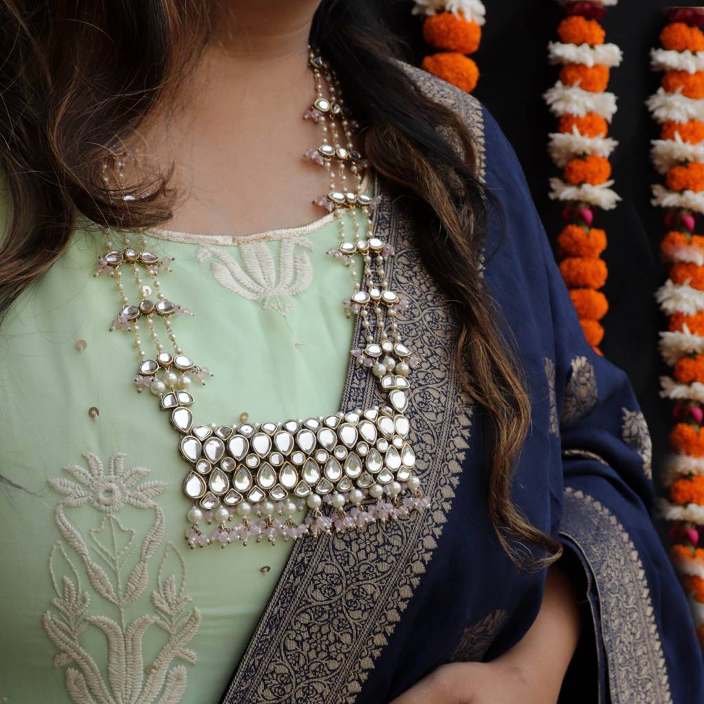 Pastel Pink Beads Kundan Necklace Set : ACN060
