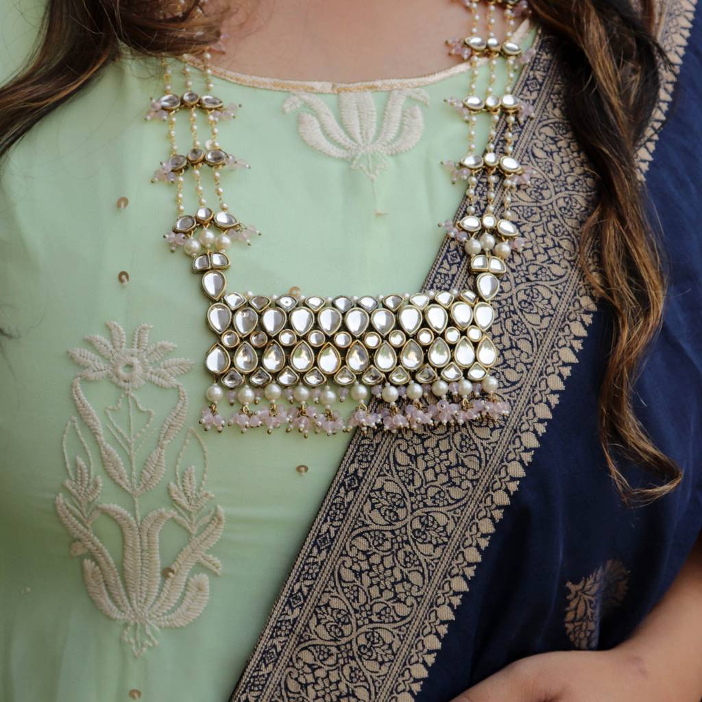 Pastel Pink Beads Kundan Necklace Set : ACN060