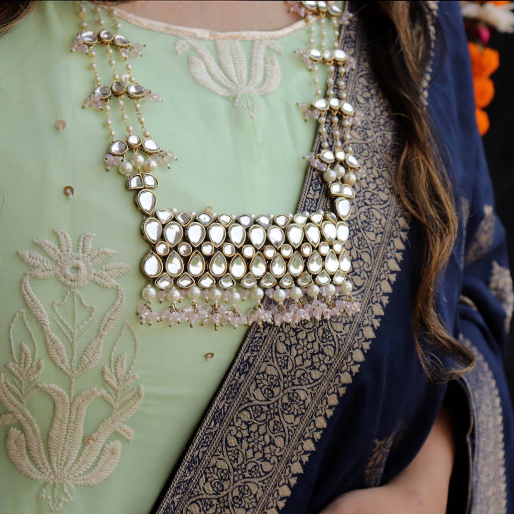 Pastel Pink Beads Kundan Necklace Set : ACN060