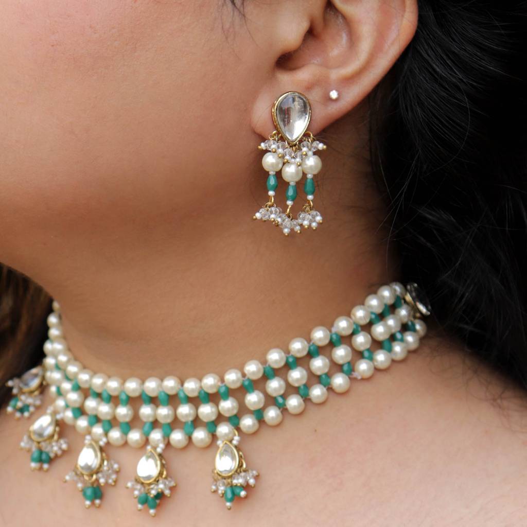 Pearl & Dangling Kundan Necklace Set (Green) : ACN061