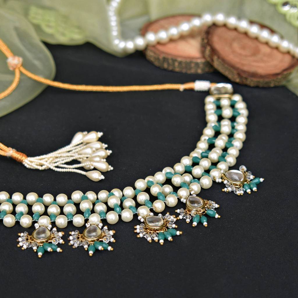 Pearl & Dangling Kundan Necklace Set (Green) : ACN061