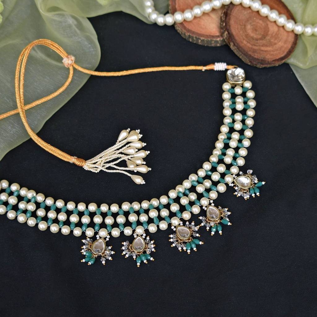 Pearl & Dangling Kundan Necklace Set (Green) : ACN061