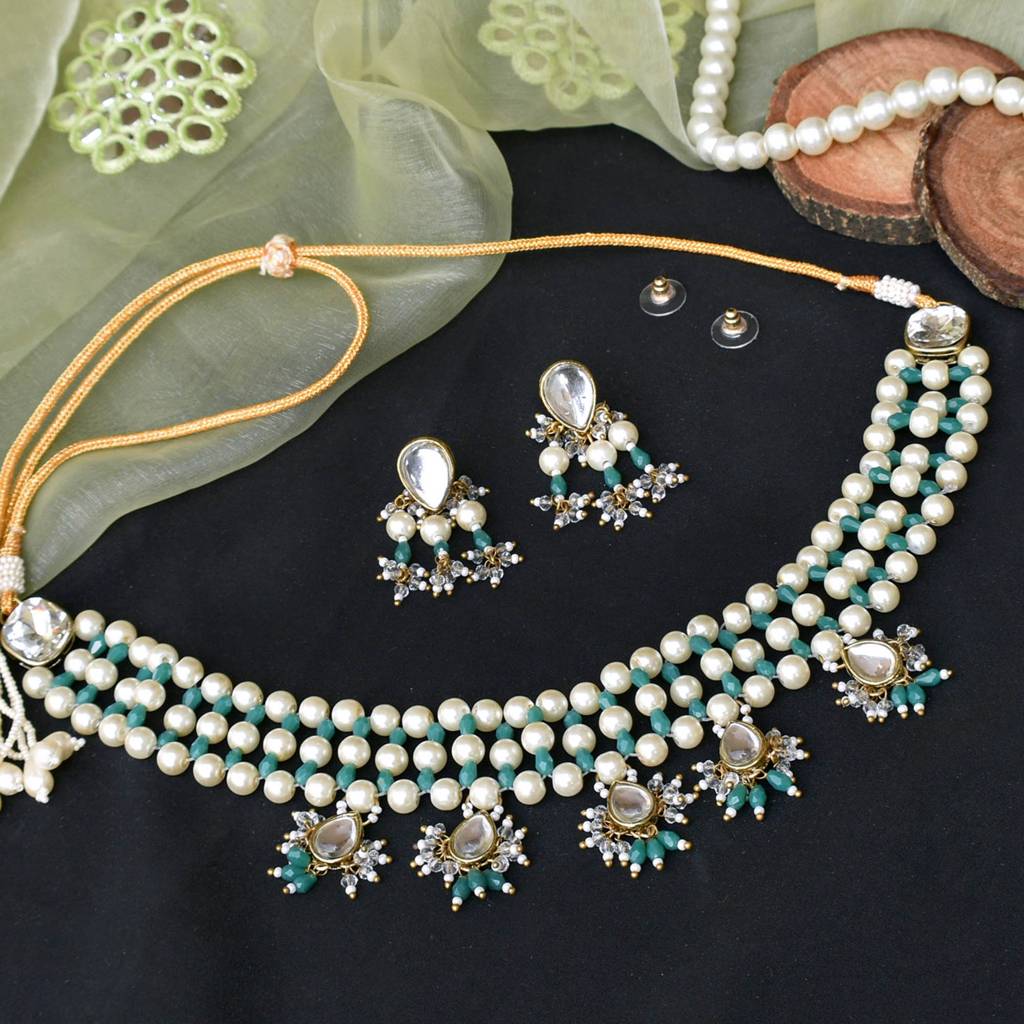 Pearl & Dangling Kundan Necklace Set (Green) : ACN061