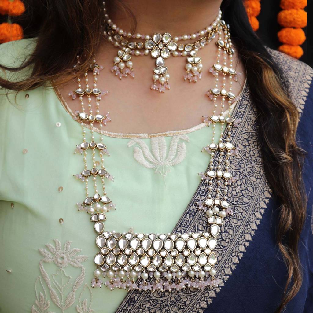 Pastel Pink Beads With Kundan Necklace Set : ACN066