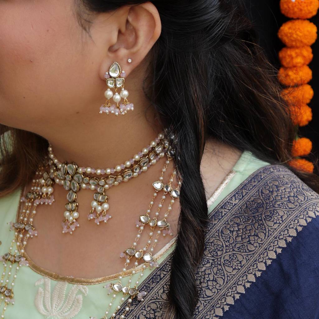 Pastel Pink Beads With Kundan Necklace Set : ACN066