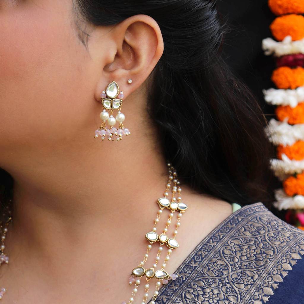 Pastel Pink Beads With Kundan Necklace Set : ACN066