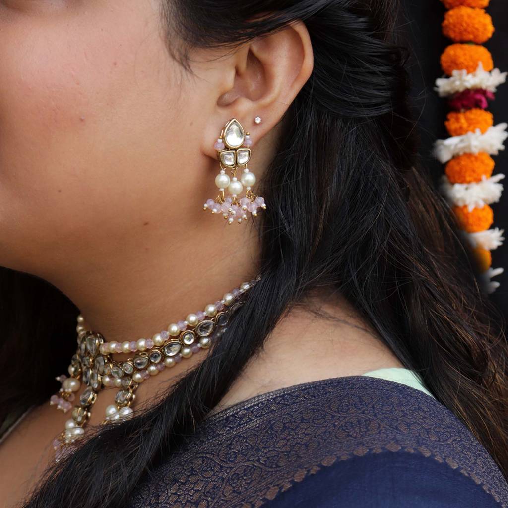 Pastel Pink Beads With Kundan Necklace Set : ACN066