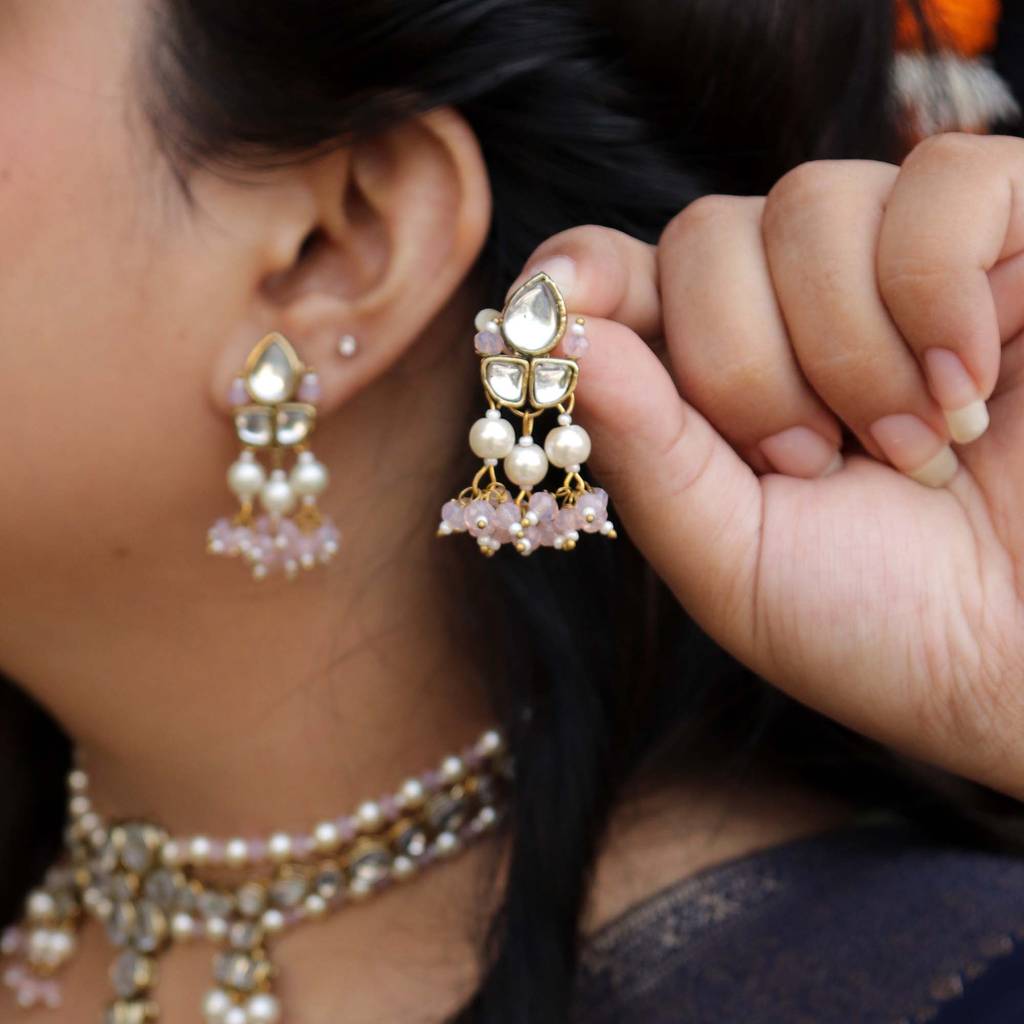 Pastel Pink Beads With Kundan Necklace Set : ACN066