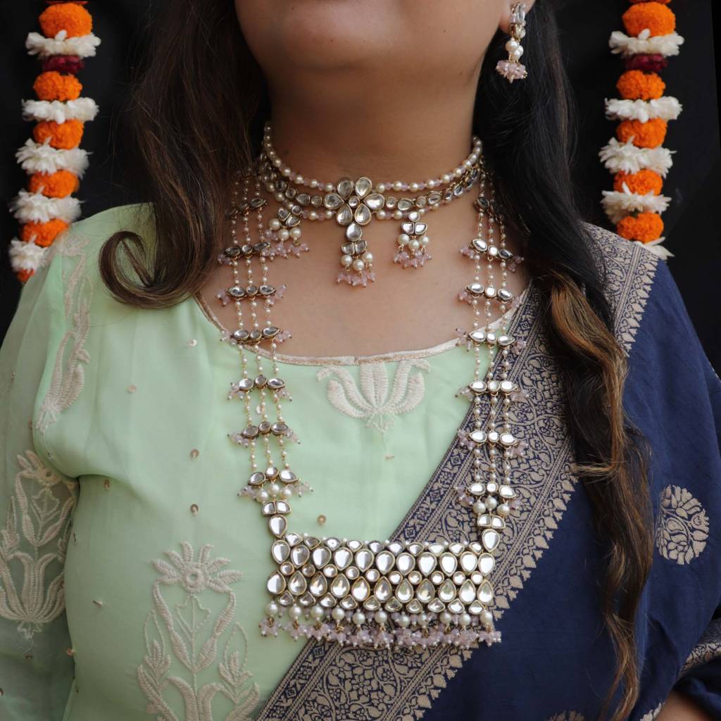 Pastel Pink Beads With Kundan Necklace Set : ACN066