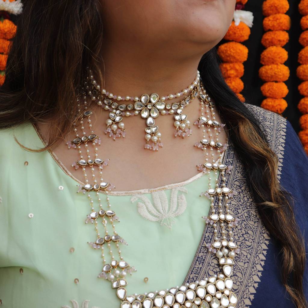 Pastel Pink Beads With Kundan Necklace Set : ACN066