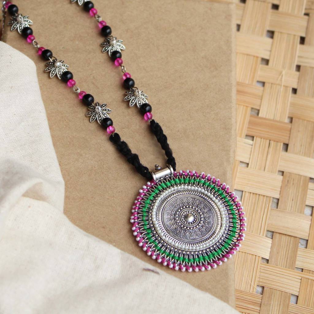 Oxidized Silver Pink & Green Long Haar : ACN084