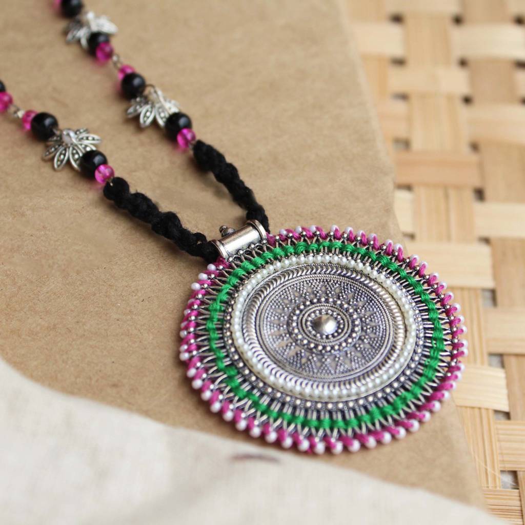 Oxidized Silver Pink & Green Long Haar : ACN084