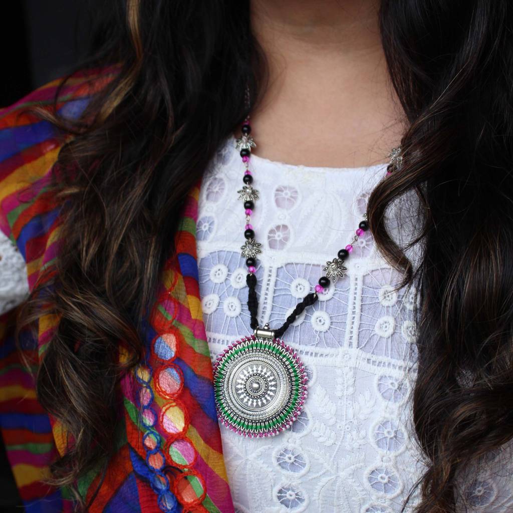 Oxidized Silver Pink & Green Long Haar : ACN084