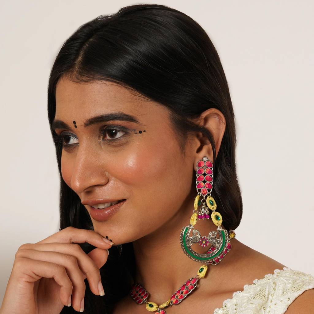 Bold Red And Green Meenakari Necklace With Peacock Motif Earrings : ACN086