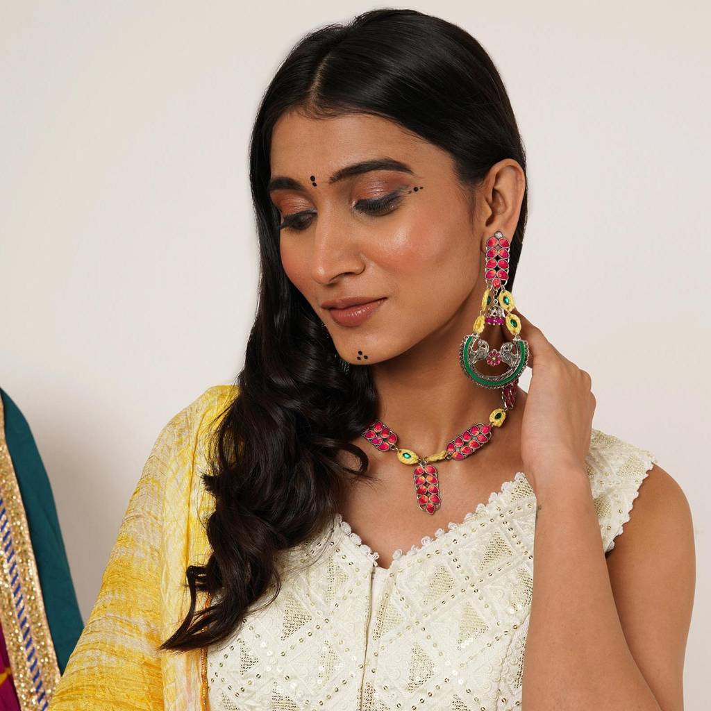 Bold Red And Green Meenakari Necklace With Peacock Motif Earrings : ACN086