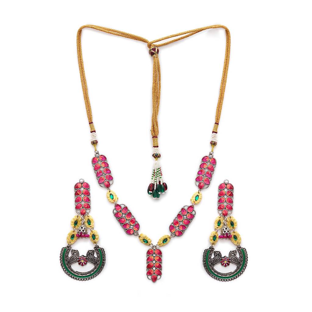 Bold Red And Green Meenakari Necklace With Peacock Motif Earrings : ACN086