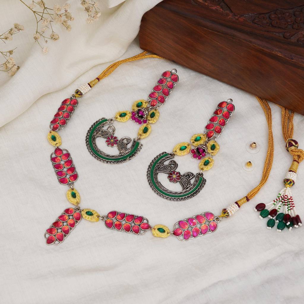 Bold Red And Green Meenakari Necklace With Peacock Motif Earrings : ACN086