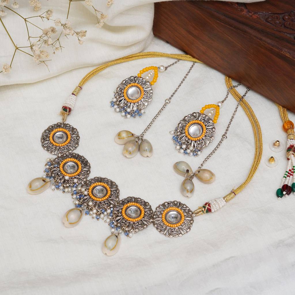 Royal Mirrorwork Oxidized Necklace And Earrings Set With Shells : ACN088