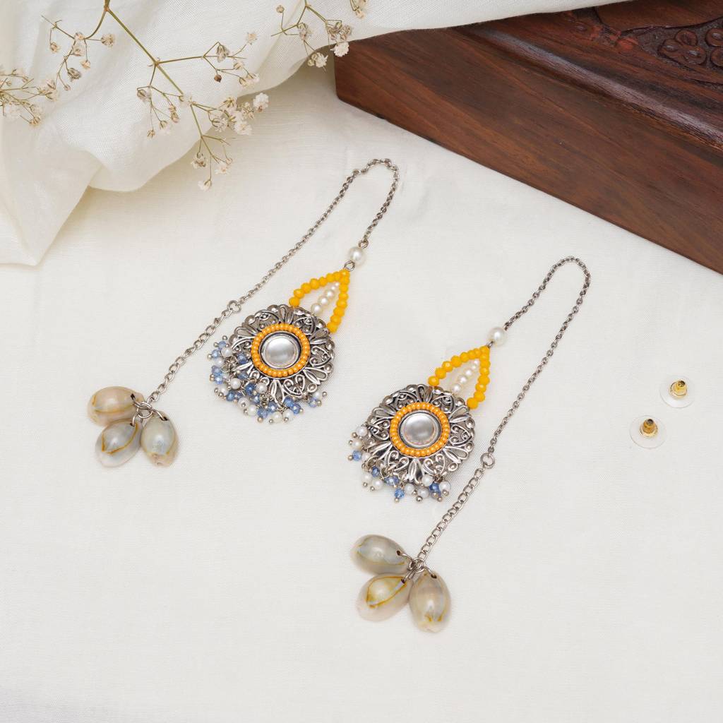 Royal Mirrorwork Oxidized Necklace And Earrings Set With Shells : ACN088