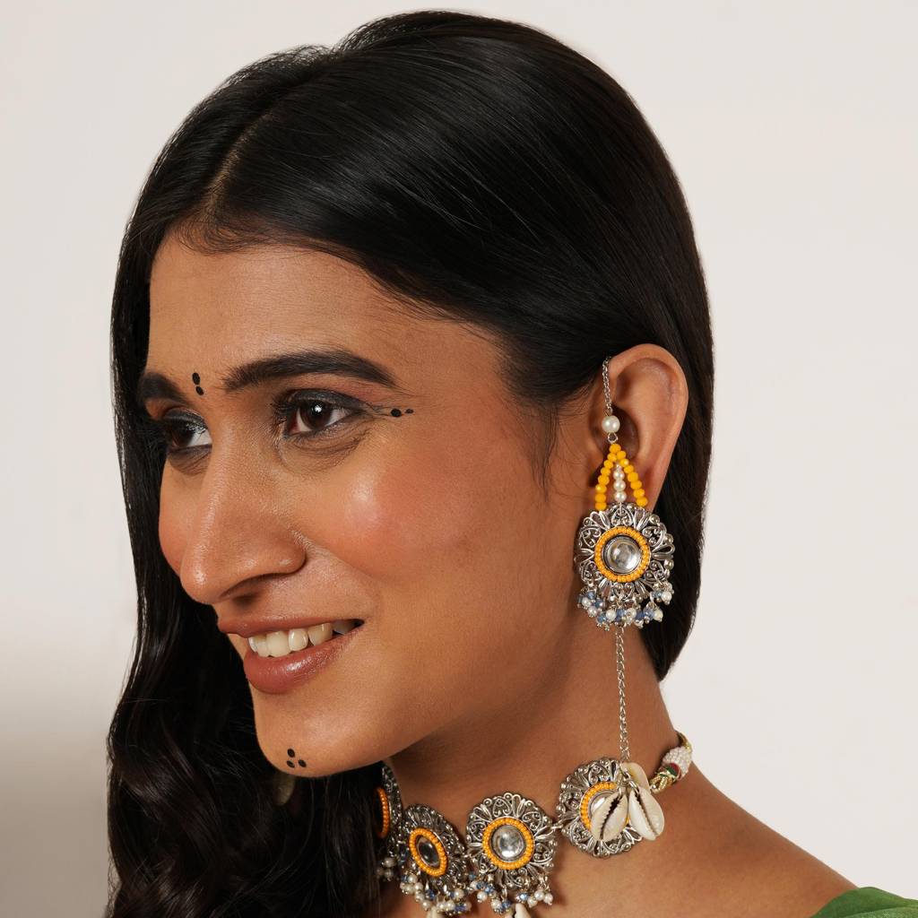 Royal Mirrorwork Oxidized Necklace And Earrings Set With Shells : ACN088