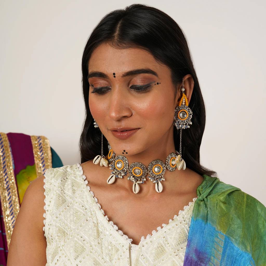 Royal Mirrorwork Oxidized Necklace And Earrings Set With Shells : ACN088