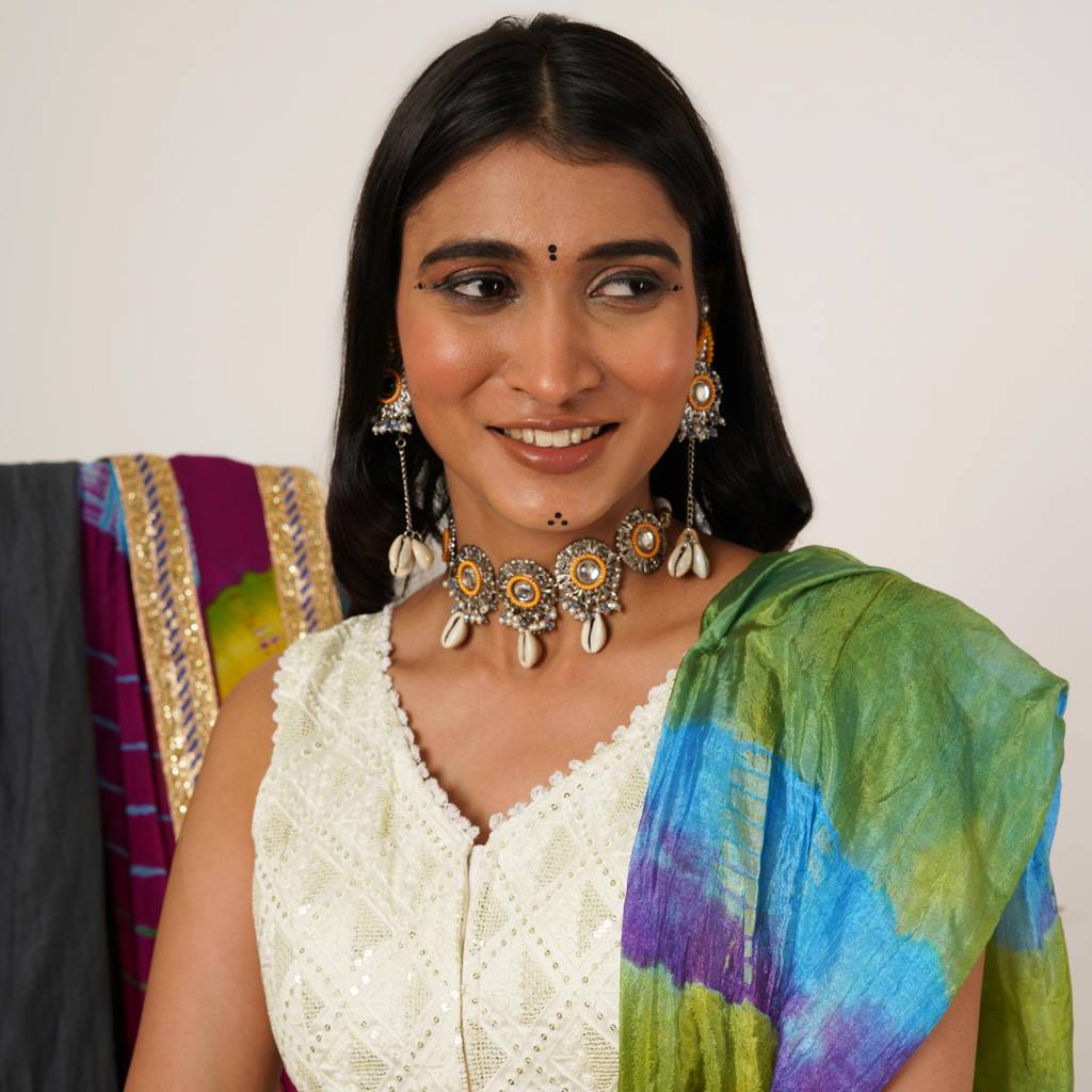 Royal Mirrorwork Oxidized Necklace And Earrings Set With Shells : ACN088