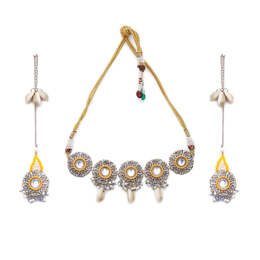 Royal Mirrorwork Oxidized Necklace And Earrings Set With Shells : ACN088