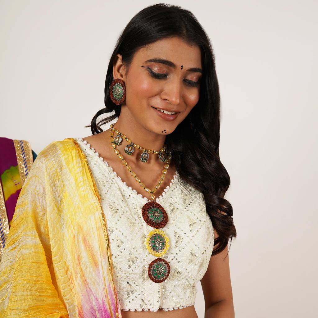 Rustic Floral Motif Hand Crochet Necklace With Matching Earrings : ACN089