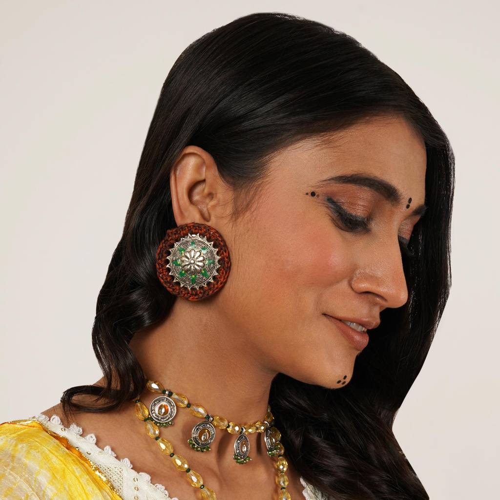 Rustic Floral Motif Hand Crochet Necklace With Matching Earrings : ACN089