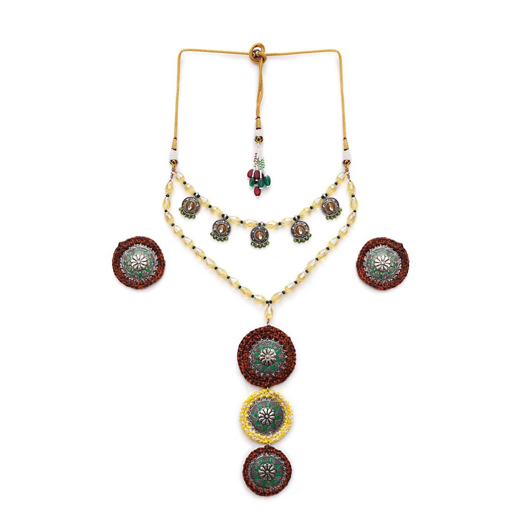 Rustic Floral Motif Hand Crochet Necklace With Matching Earrings : ACN089
