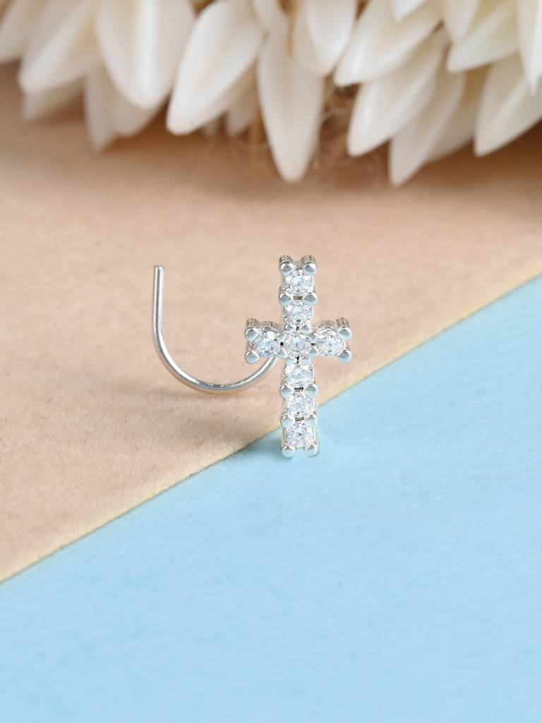 Cross Charm Silver Nose Pin In Silver Color : ACNP349