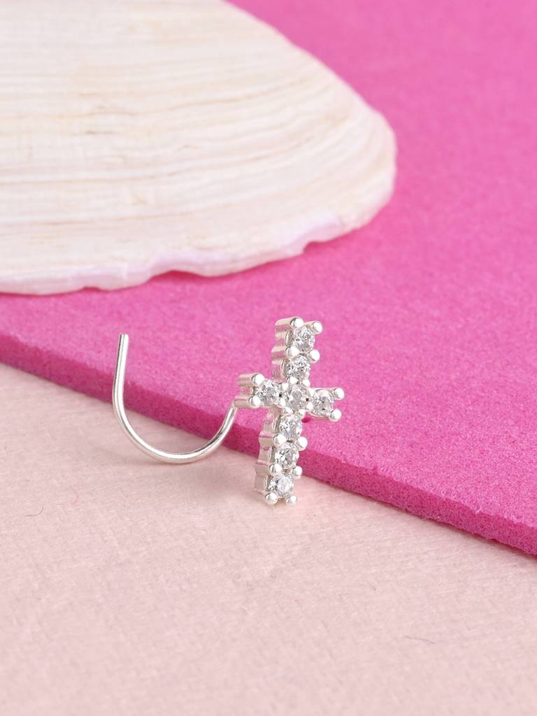 Cross Charm Silver Nose Pin In Silver Color : ACNP349