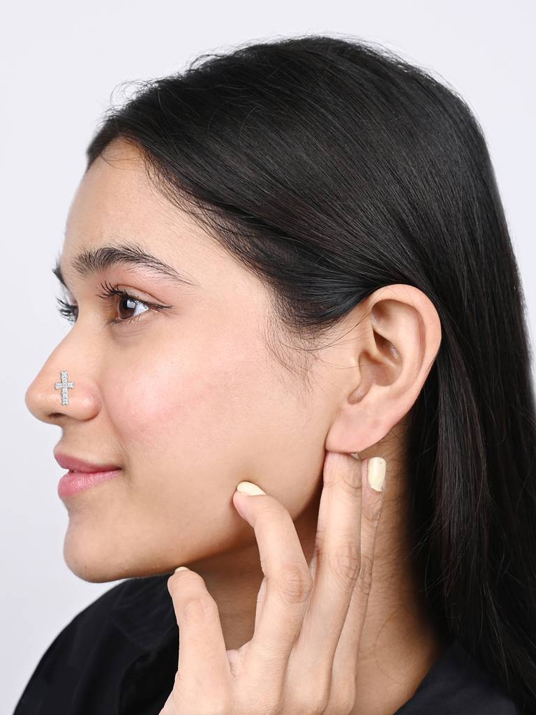 Cross Charm Silver Nose Pin In Silver Color : ACNP349
