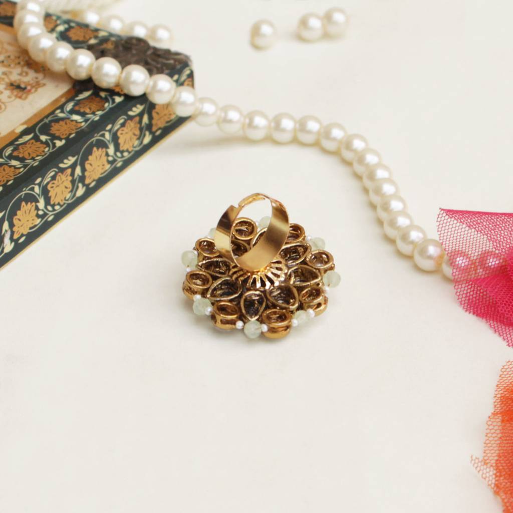 Green Kundan Flower Ring : ACR052