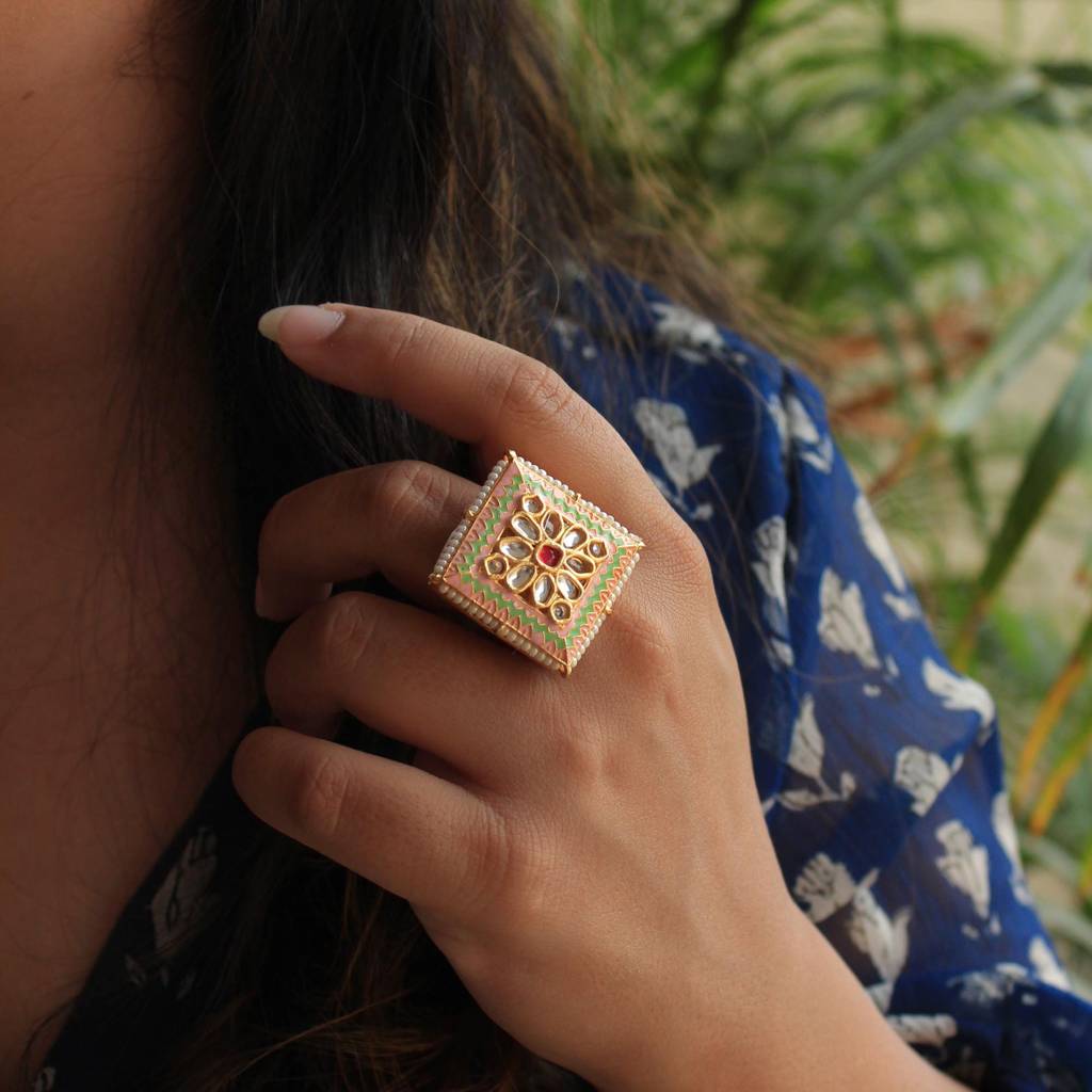 Pink & Green Enameled Square Ring : ACR058