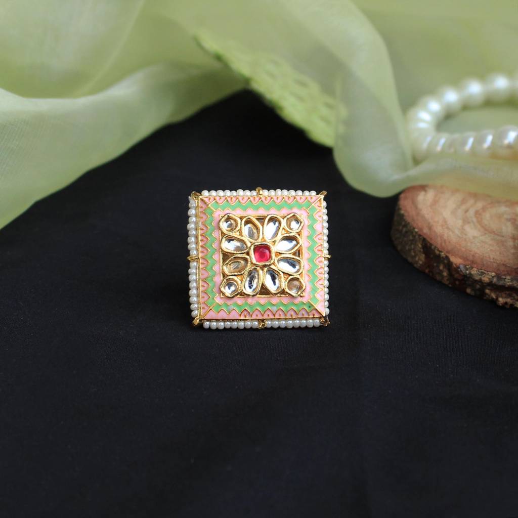 Pink & Green Enameled Square Ring : ACR058