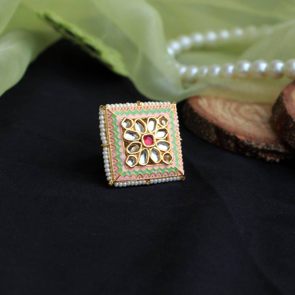 Pink & Green Enameled Square Ring : ACR058