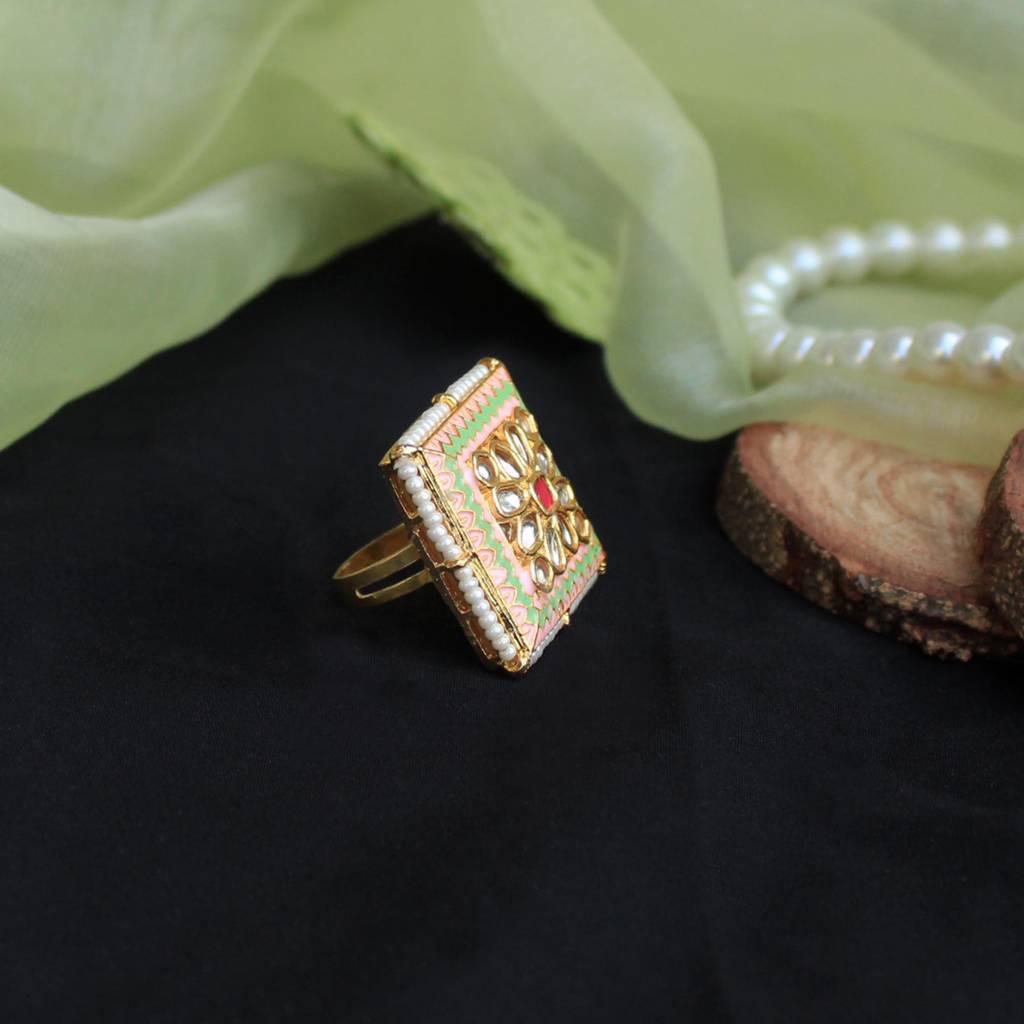 Pink & Green Enameled Square Ring : ACR058