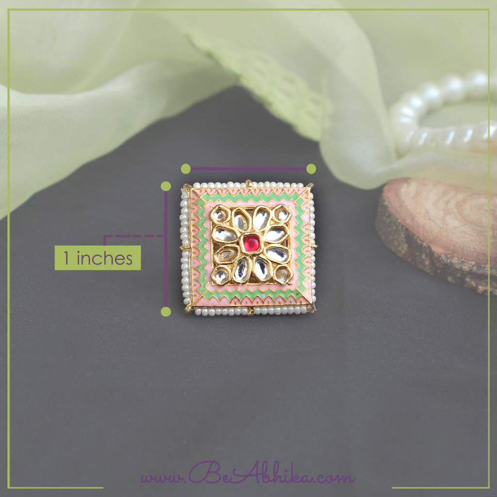 Pink & Green Enameled Square Ring : ACR058