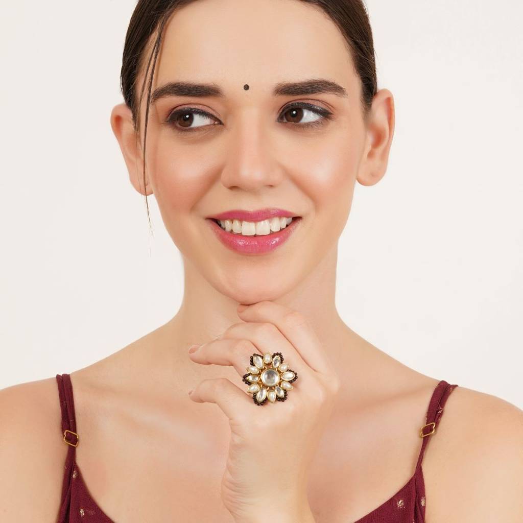 Adjustable Kundan Cocktail Ring : ACR075-Bk