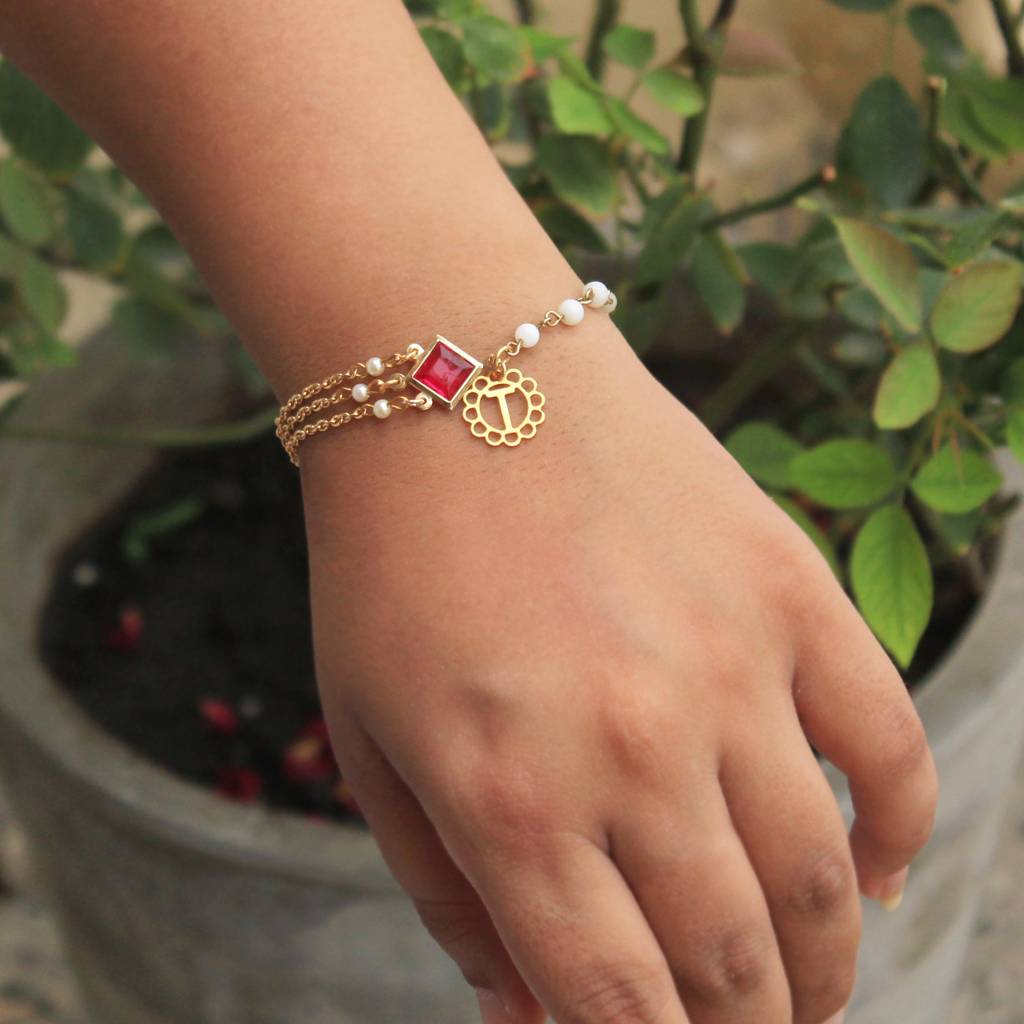 Pink  Stone Personalised Floral Initial Bhabhi Rakhi Lumba With Roli Chawal : ACRL039