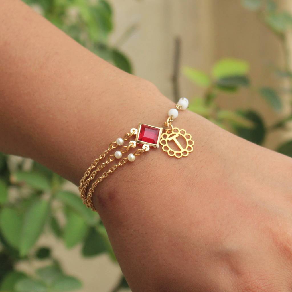 Pink  Stone Personalised Floral Initial Bhabhi Rakhi Lumba With Roli Chawal : ACRL039