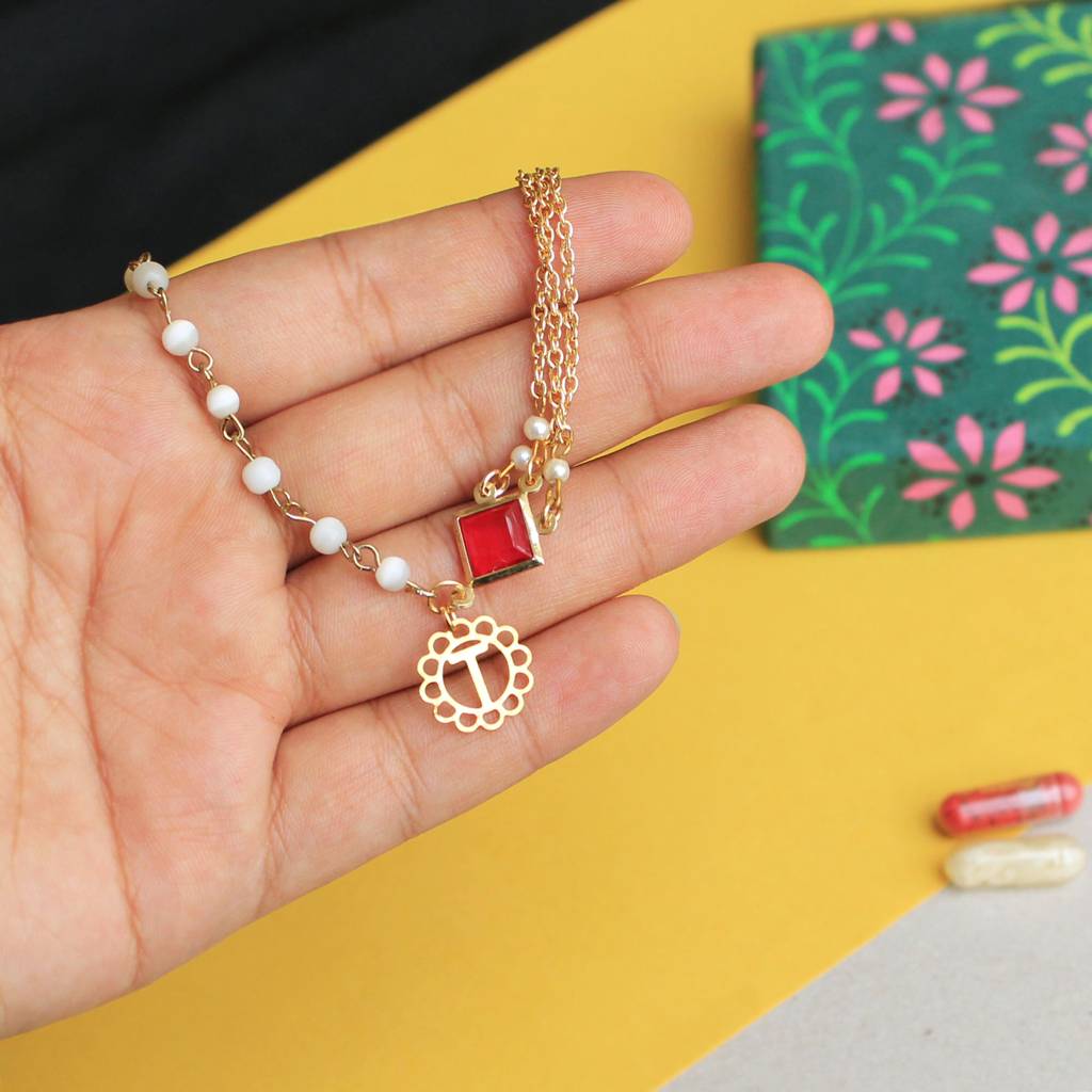 Pink  Stone Personalised Floral Initial Bhabhi Rakhi Lumba With Roli Chawal : ACRL039